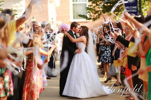 100 Personalize Weddig Wands Double ribbon with bells. Your choice of colors. Send off wands. Reception.Party favor. Il_570xn