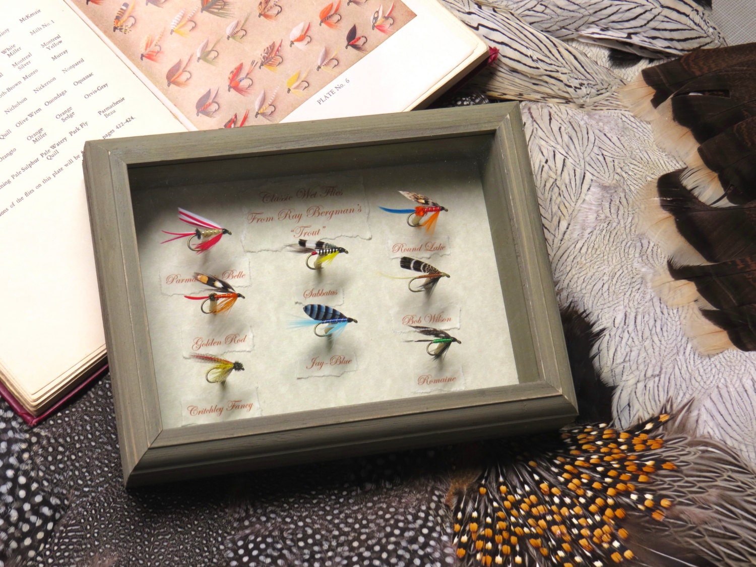 Classic wet flies in a rustic shadow box by TheVintageFly on Etsy