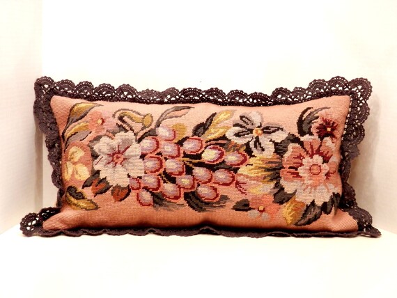 Needle Point & Crochet Pillow Sham // Lumbar by pearlsvintage