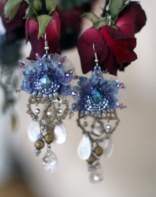 fairytales inspired bold lightweight earrings from sculpted textile, vintage lace, silk and crystals