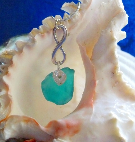 Sea of Infinity Necklace, Beach Glass Pendant, Teal Sea Glass Necklace, Infinity Jewelry, Ocean Theme Jewelry, Glass Jewelry - montanajewel