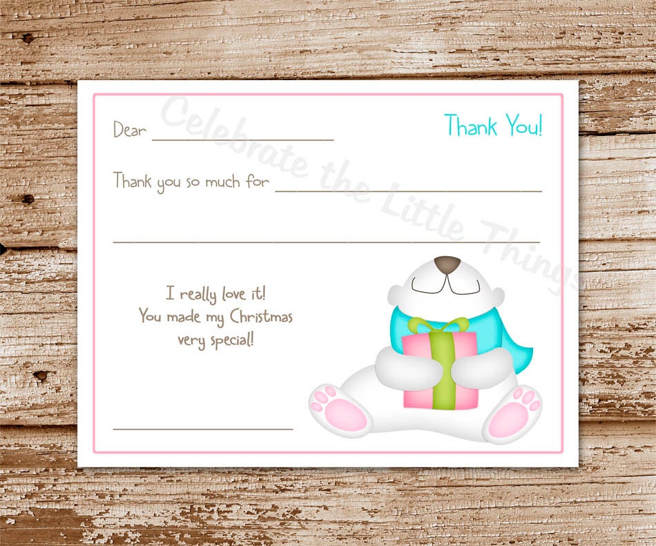 Printable / Christmas Fill-In Thank You Cards / Kids / Polar Bear / Girl (Instant Download) Il_570xn