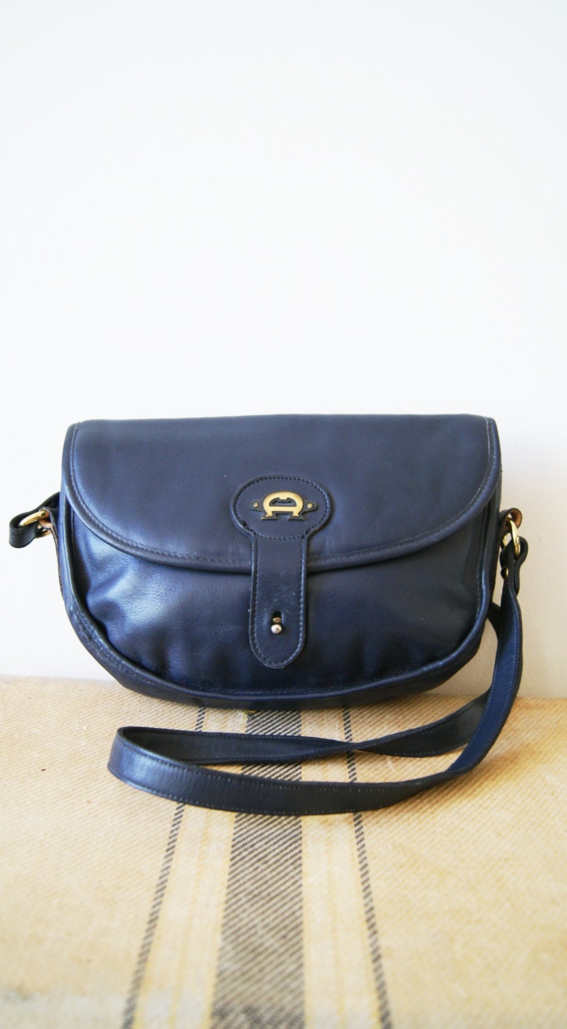 Vintage Aigner Bag. Navy Blue Cross Body Purse. 70s Leather Handbag.