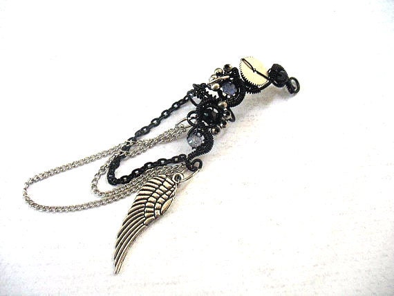 Elegant Black Steampunk Ear Cuff With Chains, Iolite Beads and Wing Charm, Bird Wing earcuff, wire jewelry, clip on earrings