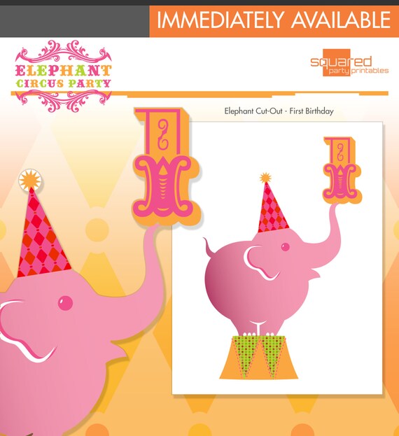 Pink Circus Elephant Birthday Party Printables - Elephant Centerpiece Cut-Out - First Birthday- DIY Print -1st Birthday - Instant Download Il_570xn
