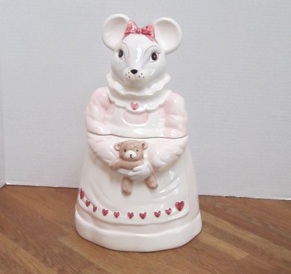 Pink And White Ceramic Mouse Cookie Jar by myabbiesattic on Etsy