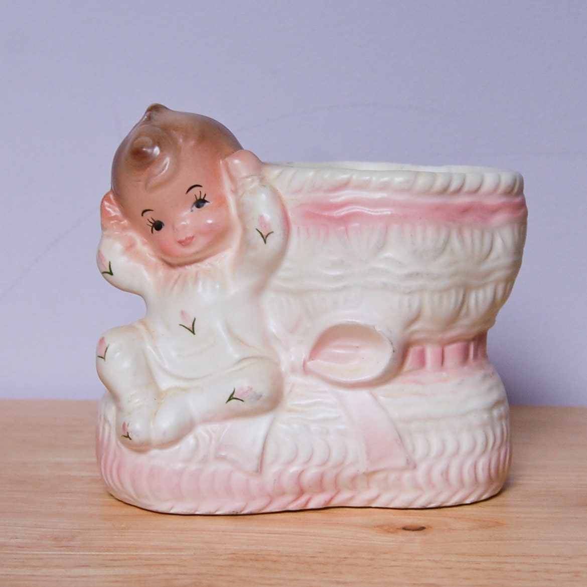 Rubens Originals Pink Baby on Bootie Planter #299 - New Baby Gift Newborn Cute Home Decor Nursery Decor - SheFindsVintage