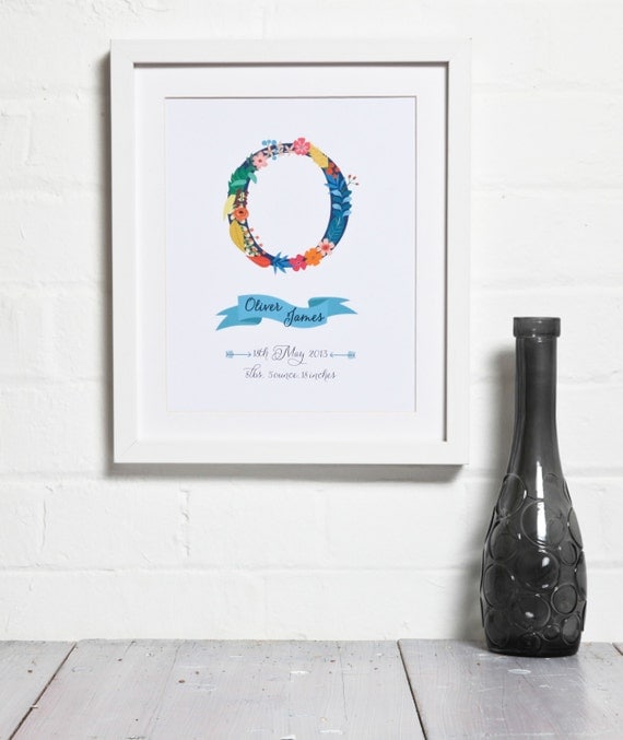 Birth Announcement Wall Art Personalized Print Floral with Choice of Color - PRINTABLE Il_570xn