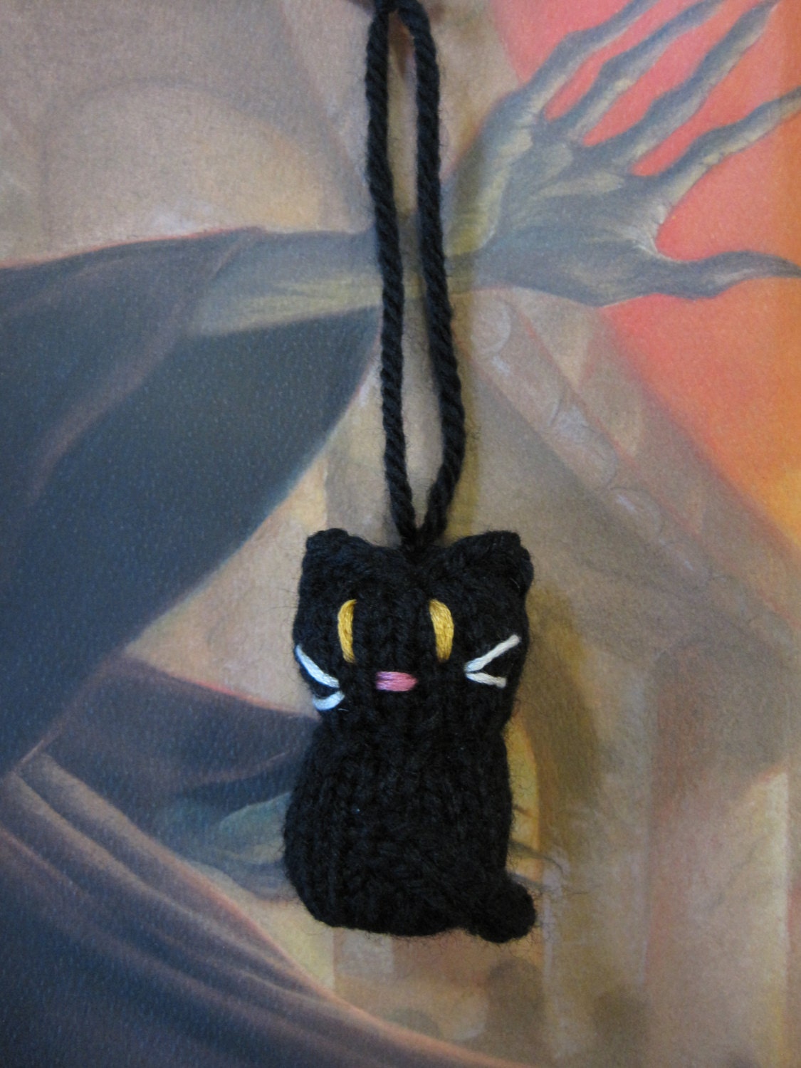 Hand Knit Miniature Halloween Black Kitten Hanging Ornament Decoration - KnitToo