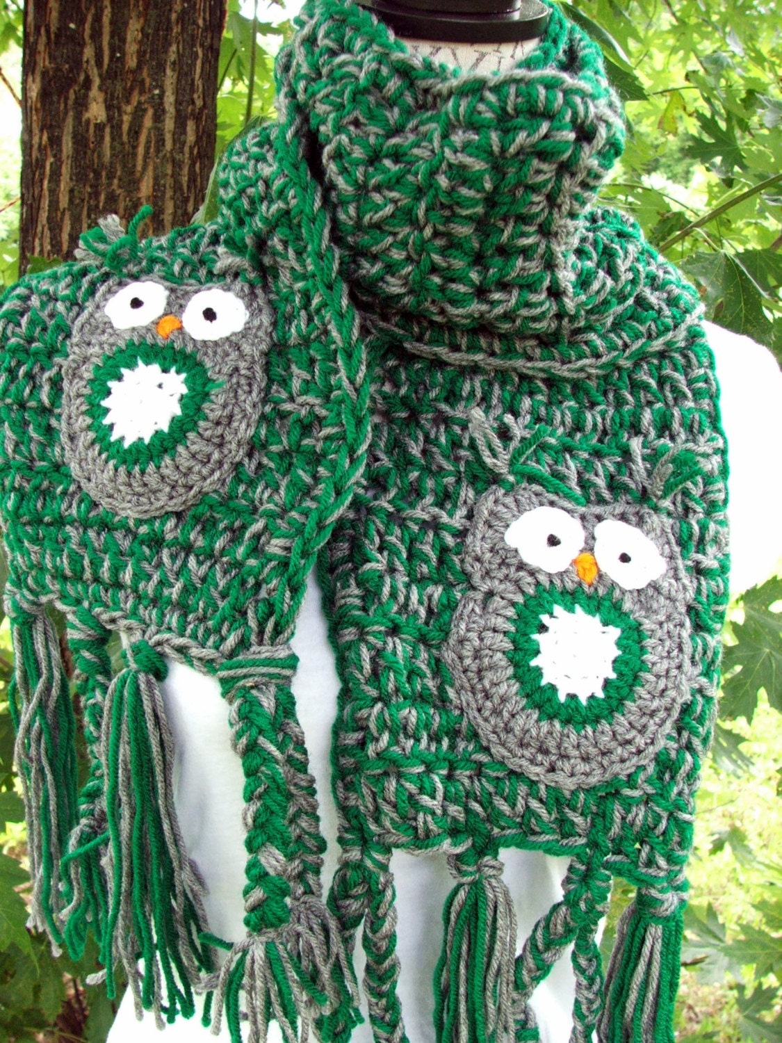 Crochet Owl Scarf Green And Gray Owl Chunky Scarf By BeadGs