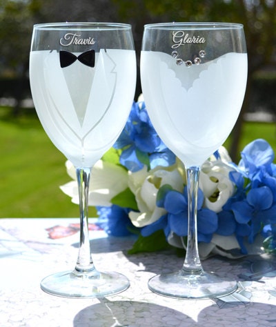 Bride and Groom Wine Glasses Custom Engraved by LetsTieTheKnot