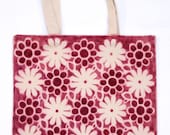 Cotton bag hand made with flowers pattern in crimson, dar red color. Natural raw cotton, market bag. - DorSilk