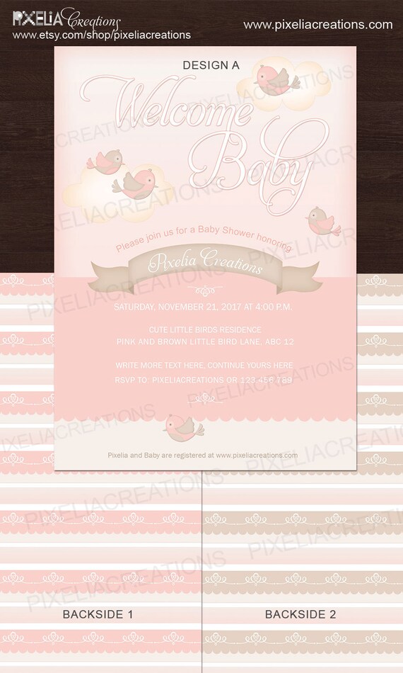 Flying cute birds baby shower invitation-printable invitation. Pink and Brown little birds Il_570xn