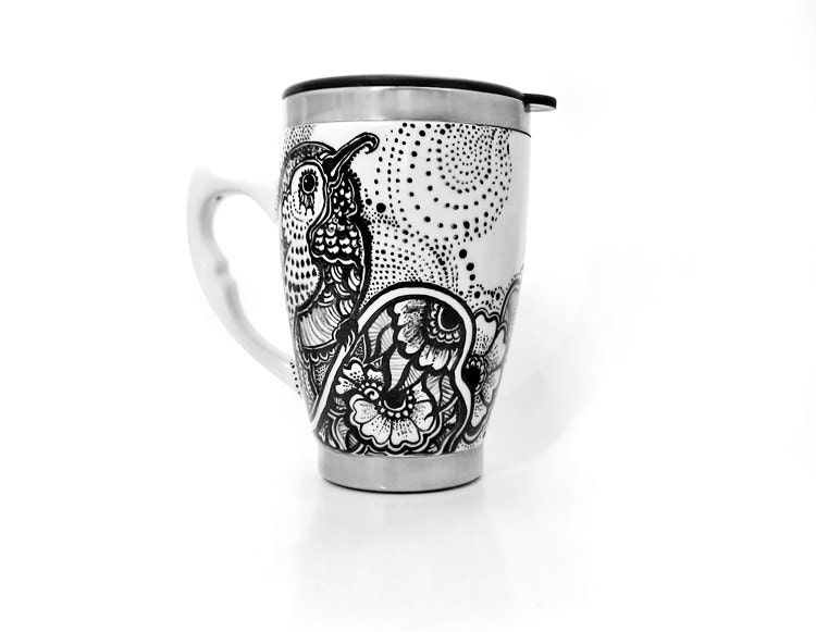 Hummingbird Henna Thermic Ceramic mug  and art print hand painted tea coffee mug illustration cup bkack & white handpainted - HennaKatowice