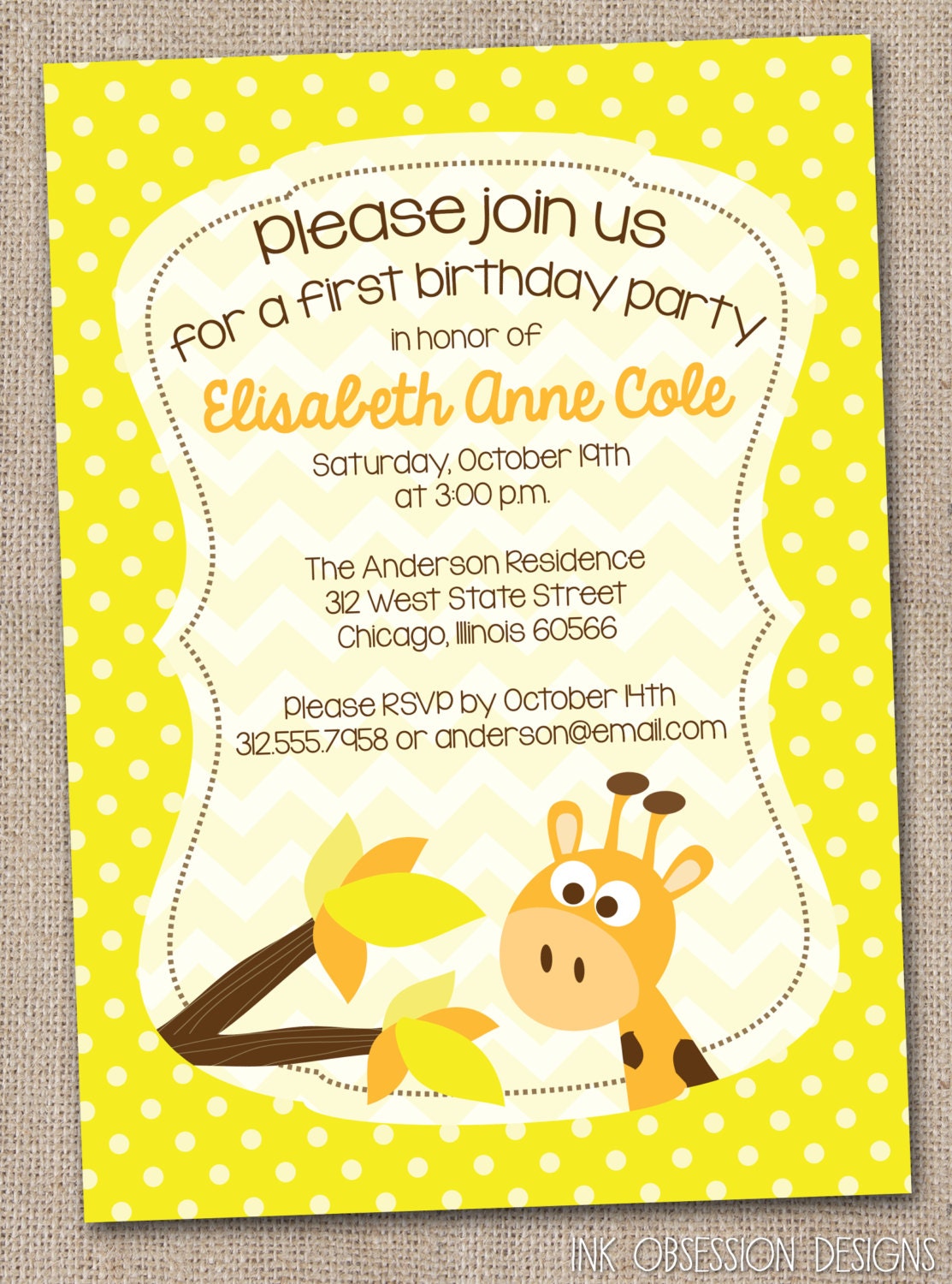 Printable Giraffe Birthday Party Invitation Yellow Brown and Orange Gender Neutral Childrens Party Invite Il_570xn
