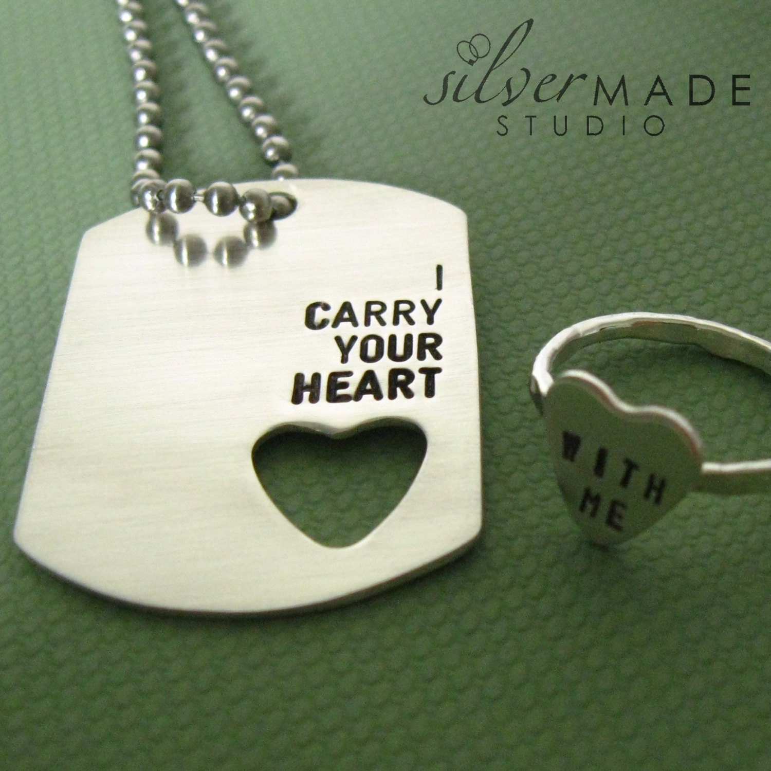 I Carry Your Heart dog tag  and sterling silver HEART ring (INTERTWINE)