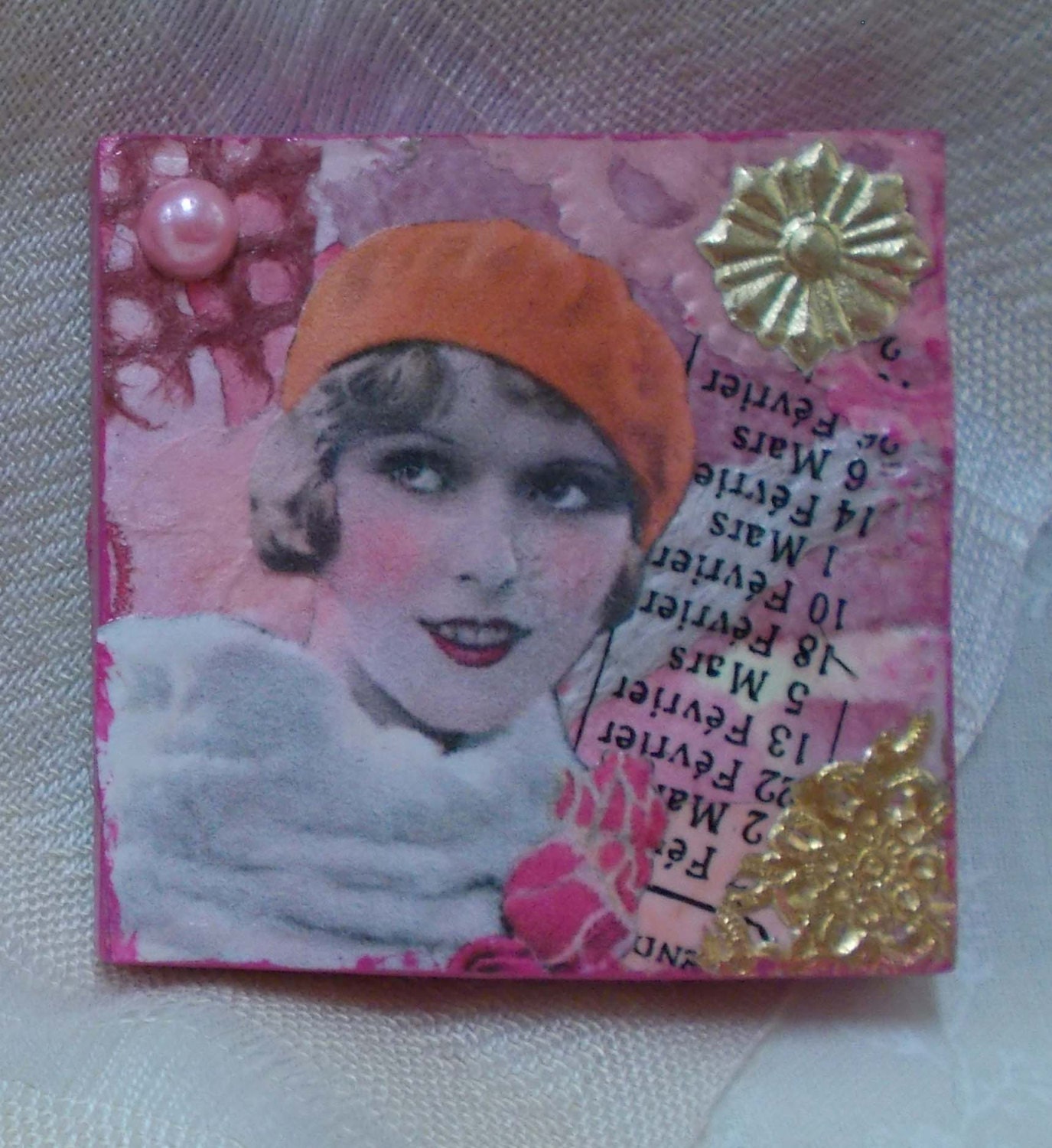 Funny Fridge Magnet With 1920s Red Hat Girl - Mixed Media Locker Magnet --  She's Got Her Hat On - rhodyart