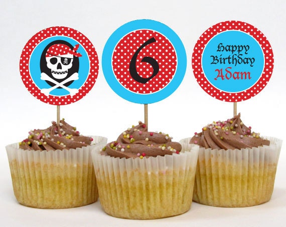 Pirate Skull Red Printable Cupcake Toppers or Party Circles Personalized (Digital File) Il_570xn