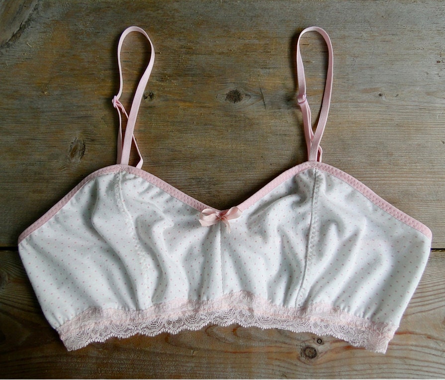 Pink dot organic cotton bralette  - pink lace soft  bra - vintage style bralette - made to measure
