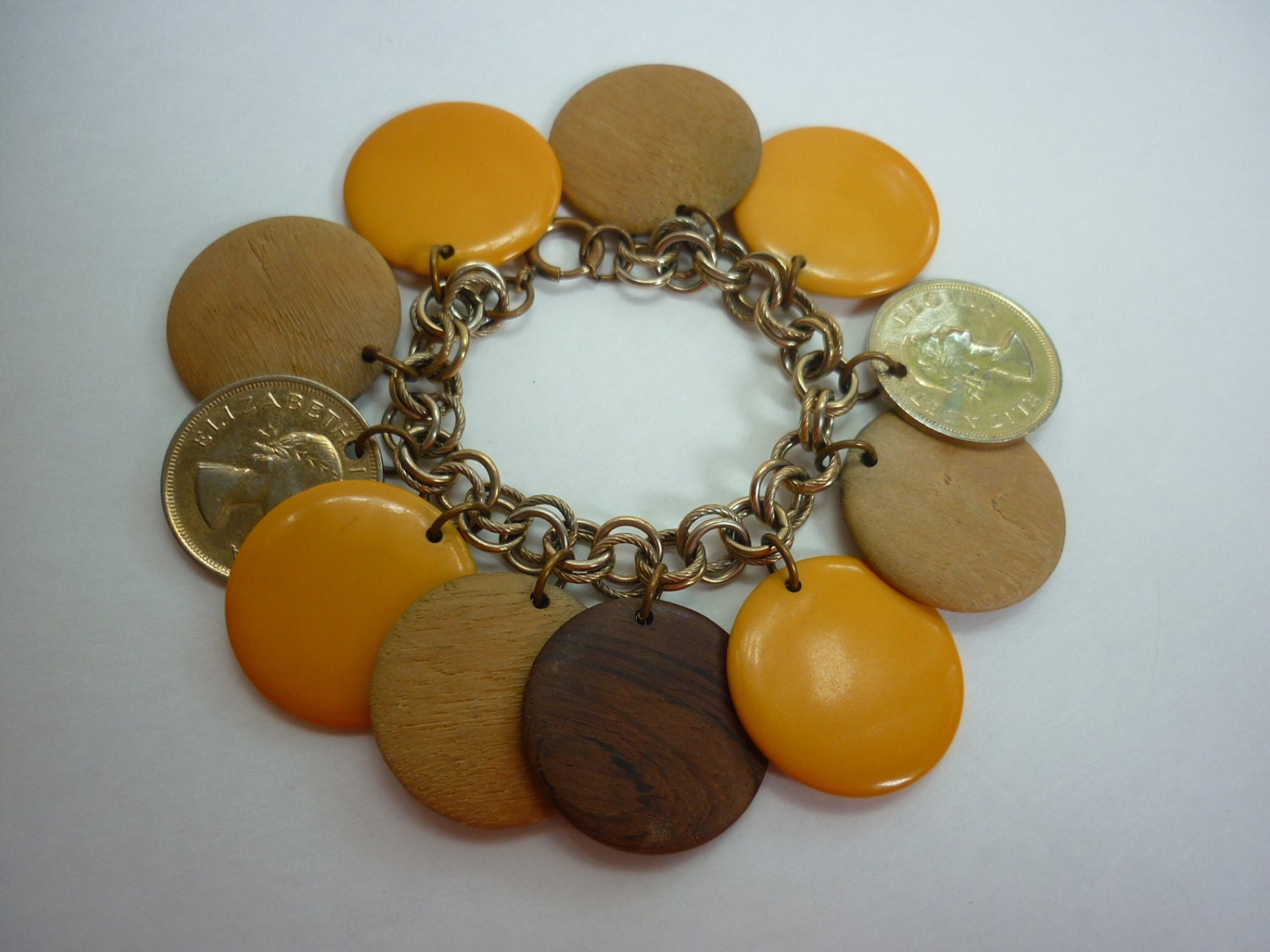 50s Dangling Disc Charm Bracelet w Bakelite / Wood / Coins CHUNKY Mid Century - decotodiscovintage