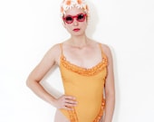 Vintage swimsuit / ruffle orange and white one piece bathing suit / size M - nemres