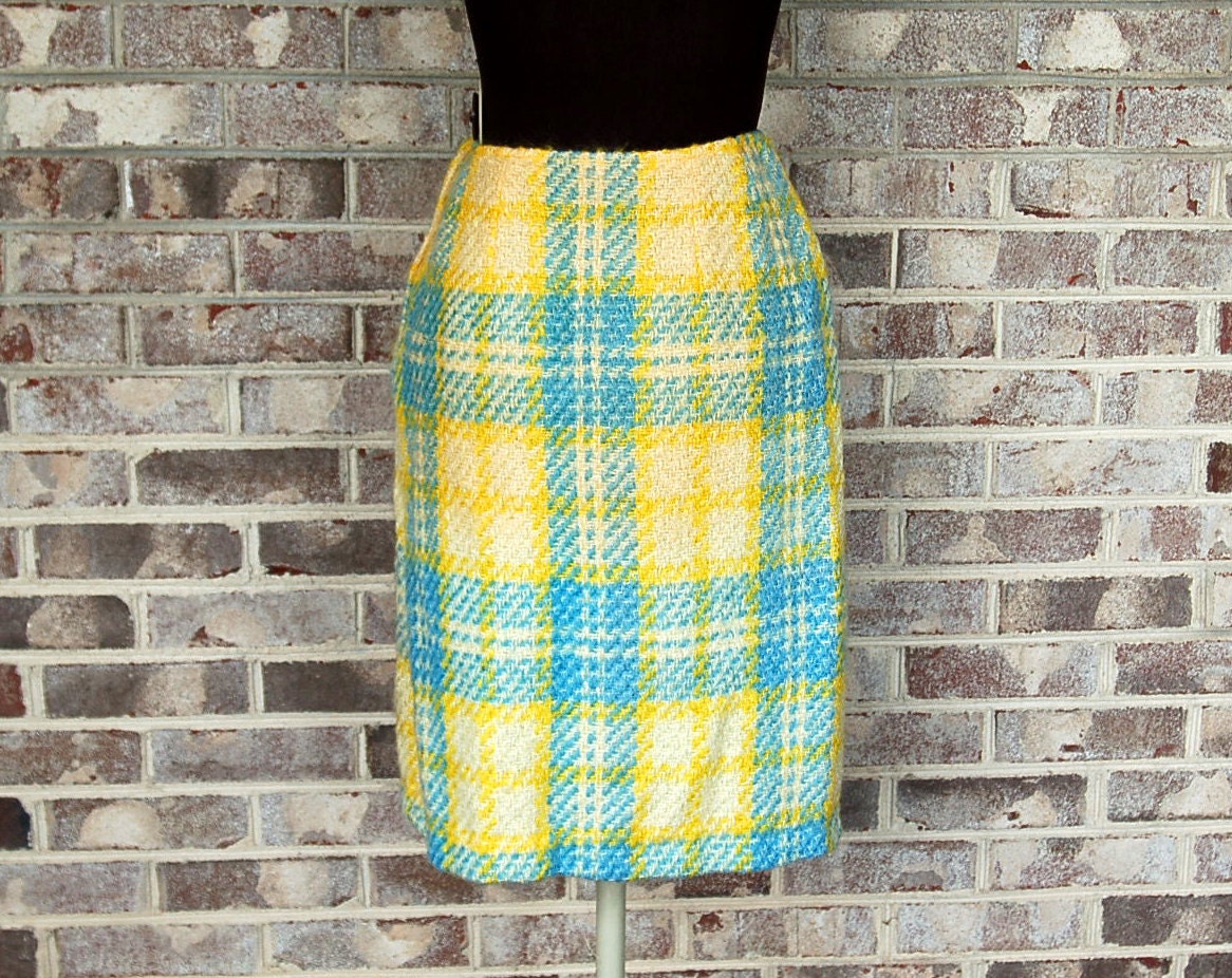 1960s tweed skirt, mohair tweed, yellow blue, plaid skirt, Size M