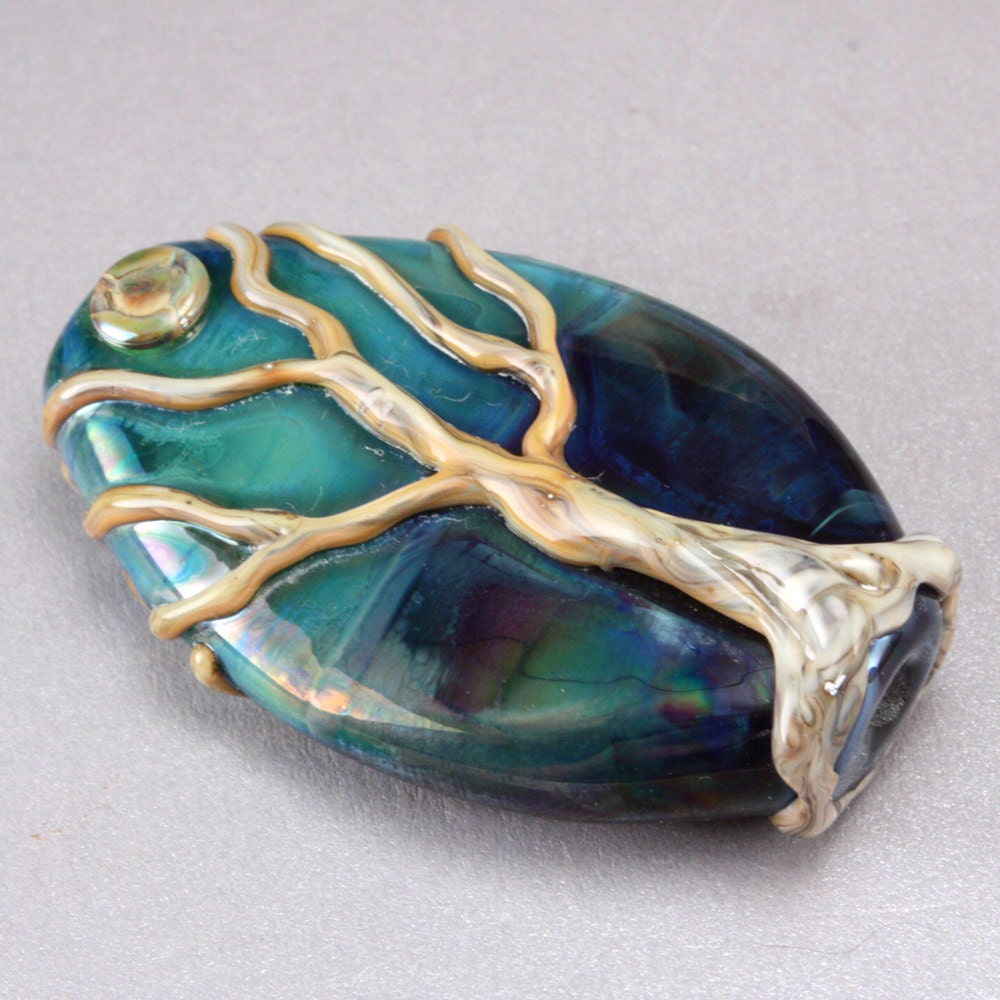 Reserved for VA: Handmade Lampwork Metallic Blue and Green Tree Focal Bead - On the horizon