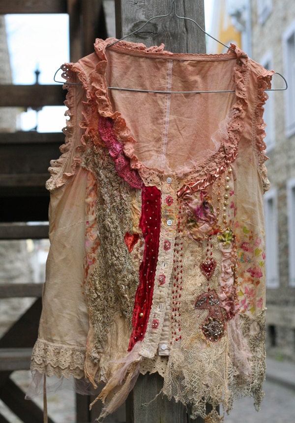Two of hearts  -unique shabby chic bodice, textile collage with antique lace, beading, altered bodice, wearable art