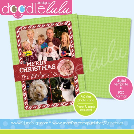 INSTANT DOWNLOAD Digital Printable 5x7 Green & Red Candy Cane Striped Christmas Photo Card Template (Photoshop) PSD by Doodlelulu 2 junebugs Il_570xn
