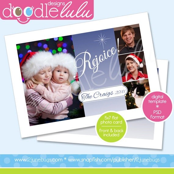 INSTANT DOWNLOAD Printable 5x7 Blue & White Rejoice Christmas Holiday Photo Card Template (Photoshop) PSD by Doodlelulu 2 june bugs Il_570xn