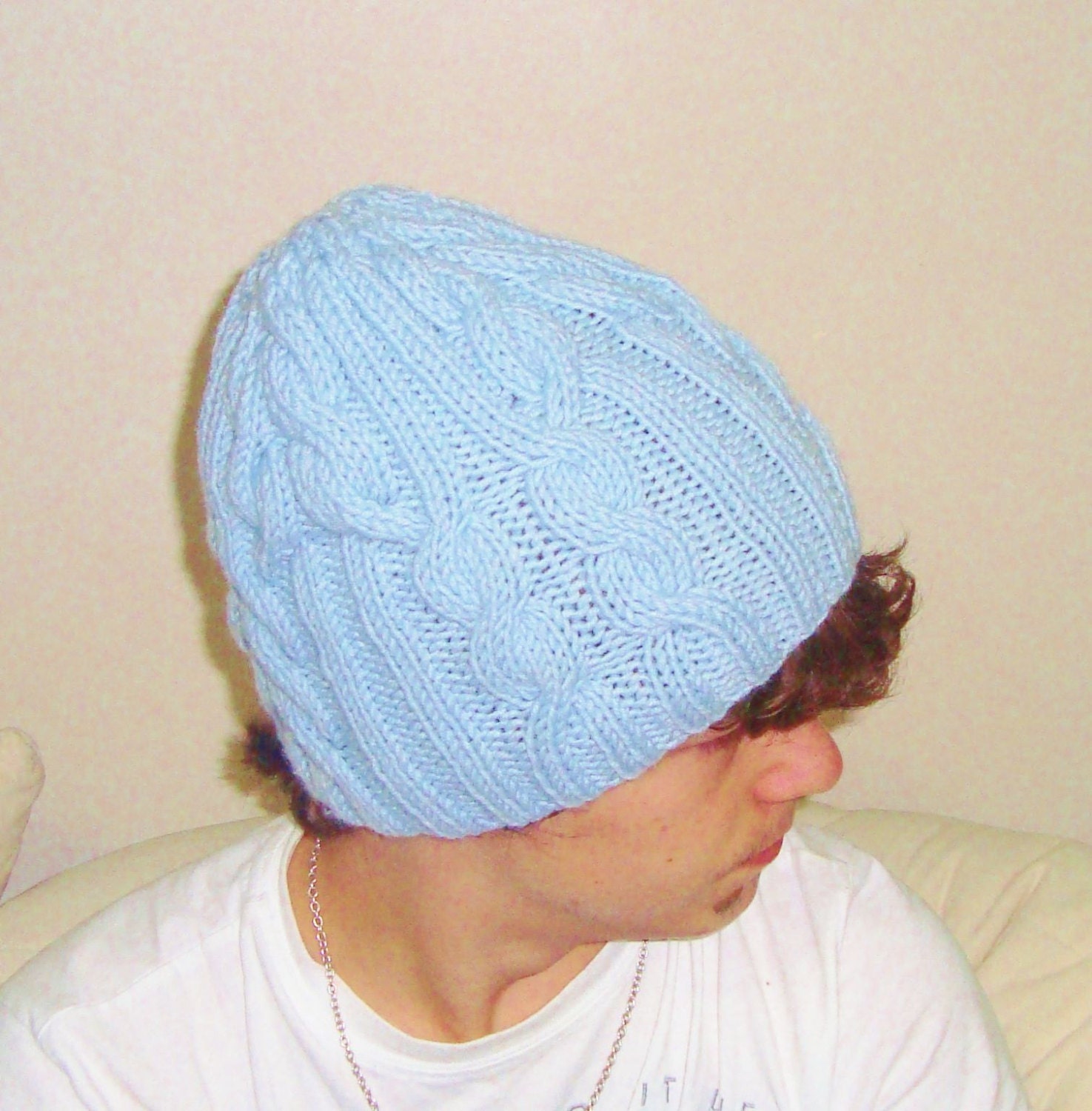 Blue Beanie Hat for Man or Woman Hat Hand Knit by earflaphats