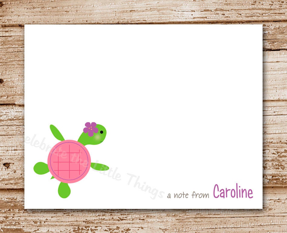 Set of 8 / Turtle Note Cards / Sea Turtle / Girl / Personalized Stationery / Pink Il_570xn