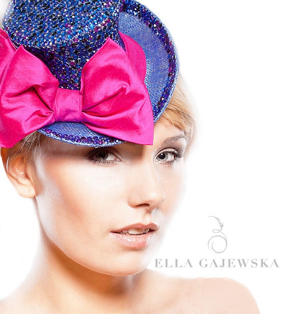 Blue Mini Top Hat Hand Encrusted with Swarovski Rhinestones Mixture Crystals Hot Pink Taffeta Bow Electric Accessory Races Weddings Wear