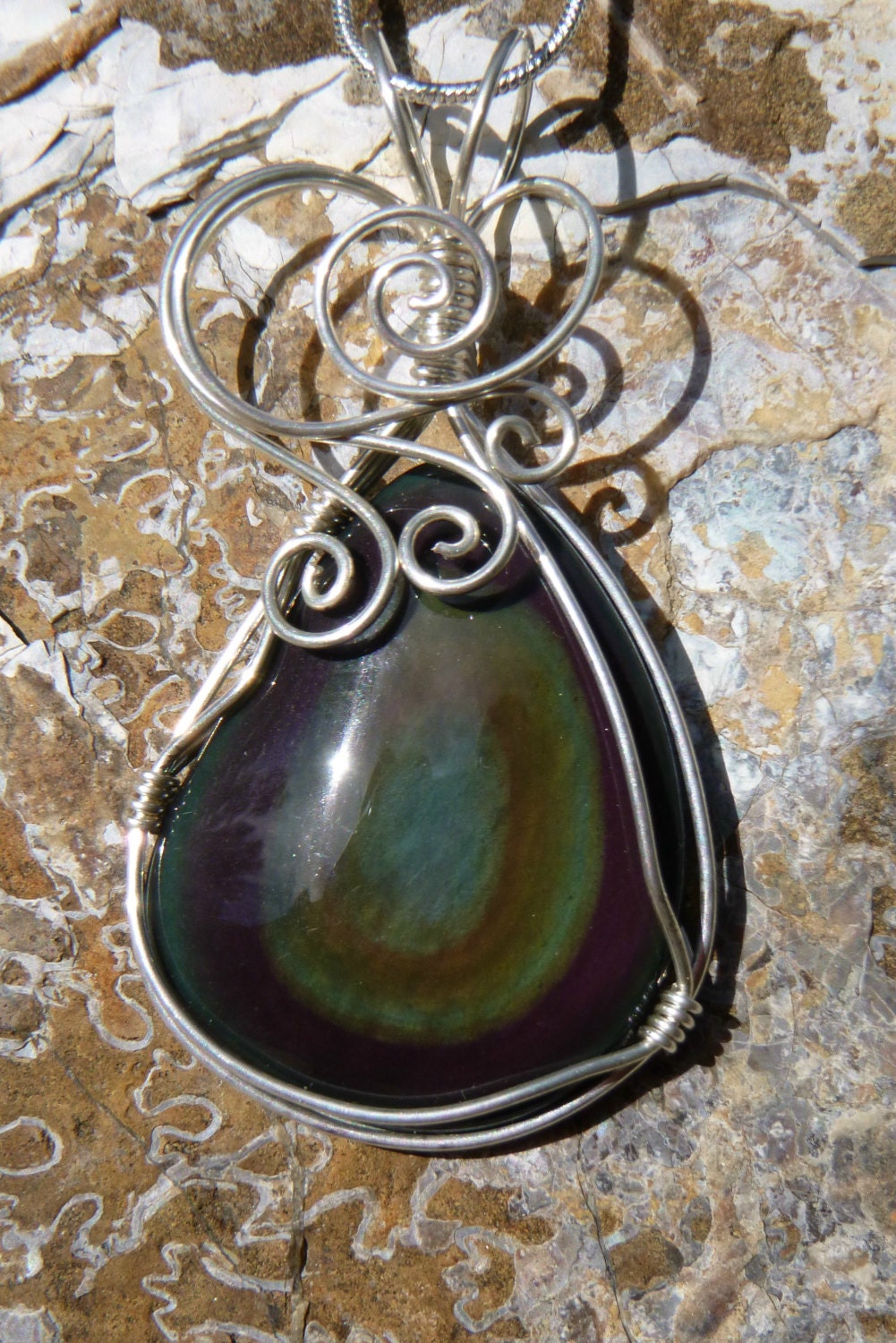 RESERVED FOR KELLY.. Rainbow obsidian necklace.. wire wrapped pendant in argentium sterling silver..