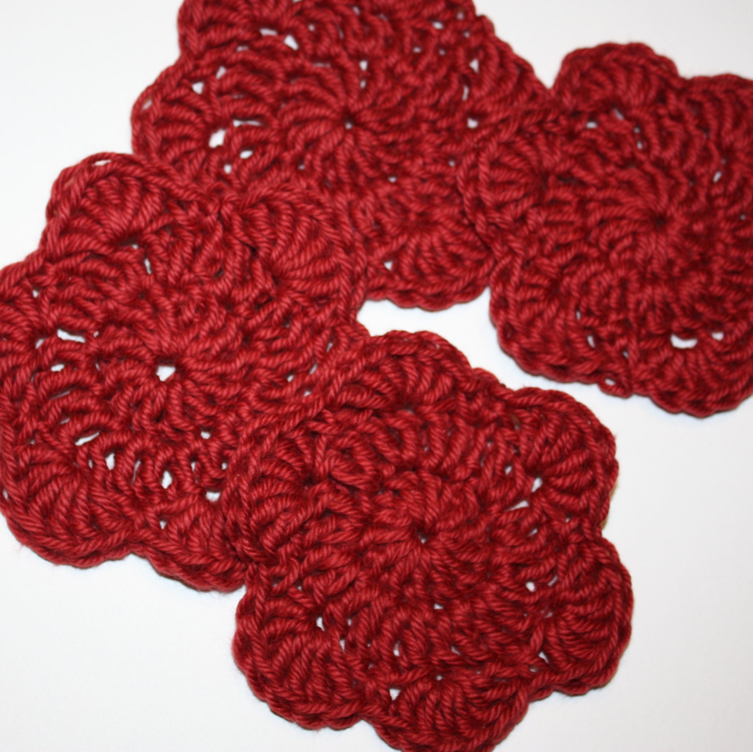 Crochet Cotton Coasters,  Red, Terracotta, Set of Four, Scalloped Edge - cozylittlecorner