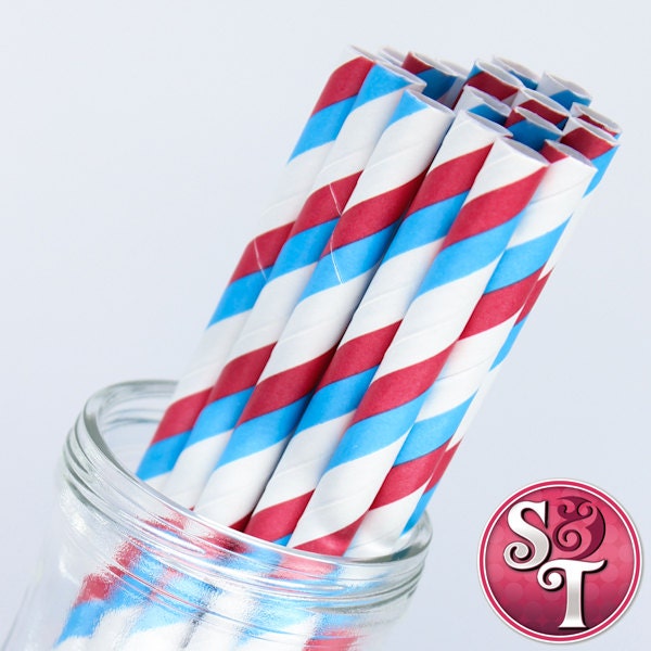 Stripe Red/Blue Party Paper Straws - Cake Pop Sticks - Pixie Sticks - Qty 25 Il_570xn