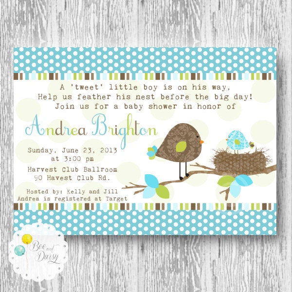 Birds Nest Invitation for Baby Shower or Birthday Party - Boys DIY Bird Printable Invite by BeeAndDaisy Il_570xn
