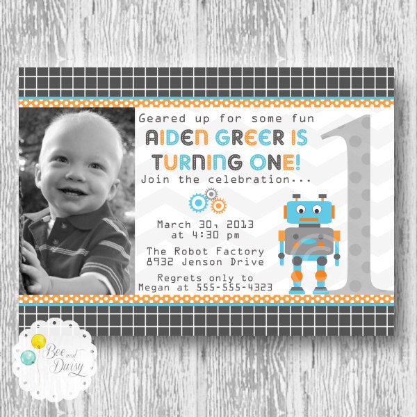 Robot Printable Photo Invitation for Birthday Party or Baby Shower DIY Custom Boys Invite by BeeAndDaisy Il_570xn