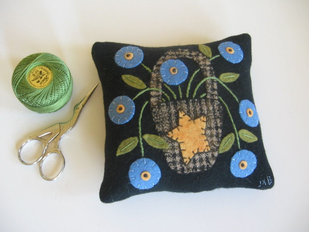 Primitive Wool Pincushion with Blue Flowers Walnut Shells JKB