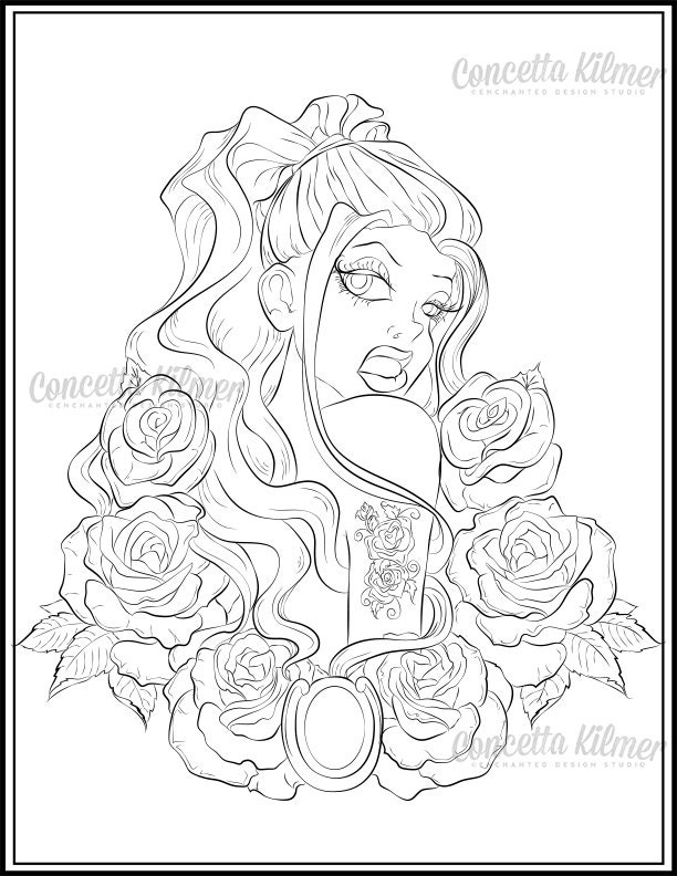 Rose Tattoo Style Art Coloring Page by enchantedezignstudio