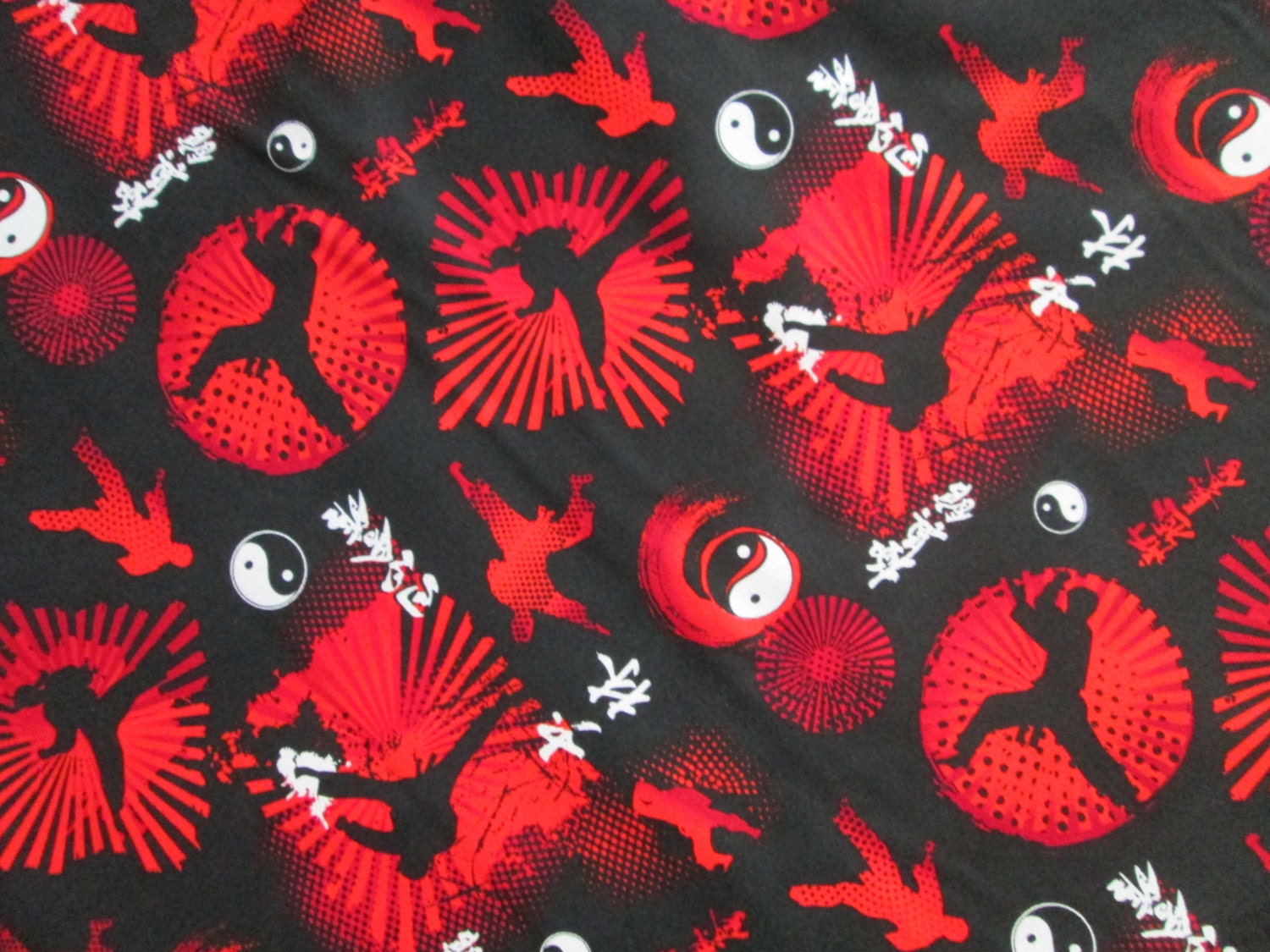 Karate Martial Arts Ying Yang Red Black Cotton Fabric by scizzors 