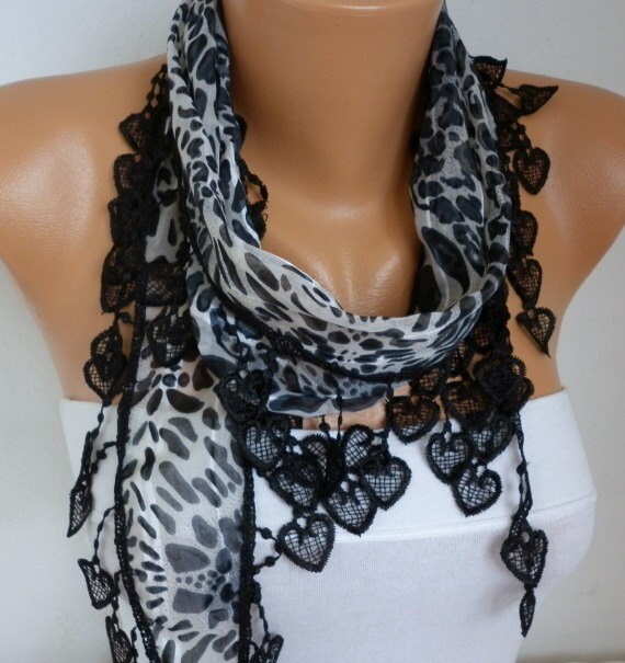 ON SALE - 50% OFF - Black Leopard Scarf Shawl - Cotton Scarf - Cowl with Lace Edge - for her - fatwoman