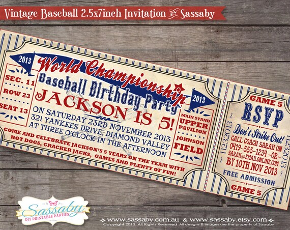 Vintage Baseball Invitation - Boys Birthday Party - DIY PRINTABLE FILE by Sassaby Il_570xn