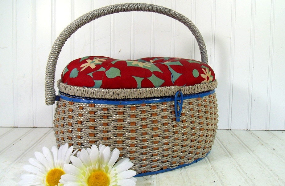 Retro Oval Blue Grey Woven Wicker Sewing Basket by DivineOrders