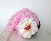 Slouchy knitted hat for baby, with flower, butterfly and beads - 100 % cotton, ready to ship - TinyLoveGifts