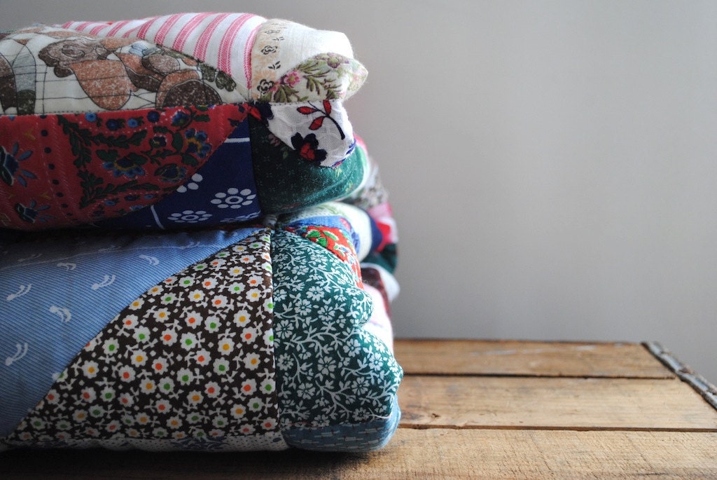Vintage Quilt Blanket - Patchwork Squares Throw, Handmade Quilt - labiblioteca