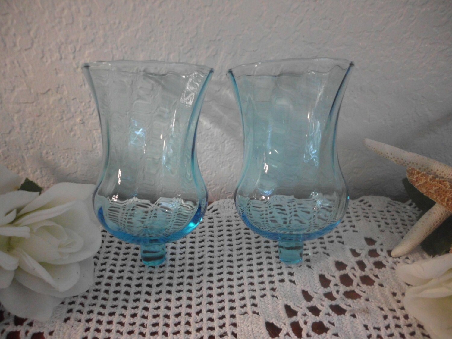 Vintage Candle Holder Aqua Turquoise Blue Glass by ElegantSeashore
