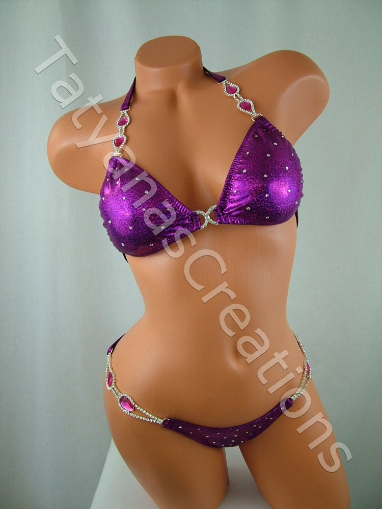 Black Fuchsia with Pink Tear Drop Connectors Competition Bikini Suit C- cup, Small bottom.