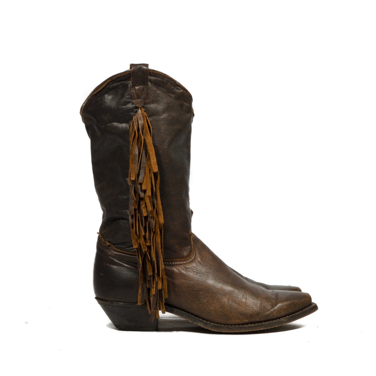 Women Fringe Cowboy Boots Brown Leather by wildrabbitvintage