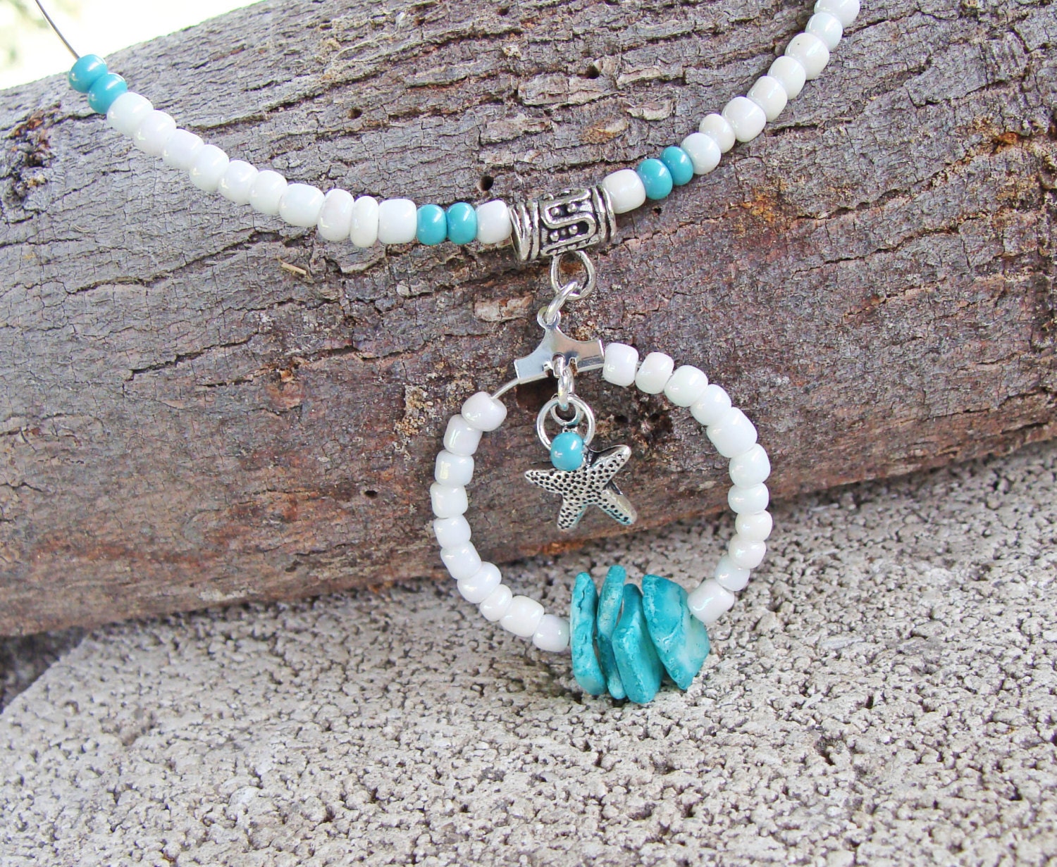 Beaded Memory Wire Choker Necklace with Turquoise by GirlieGals